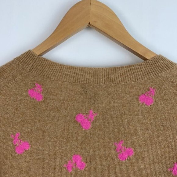 J.Crew S Cashmere Sweater Tan & Pink Cherries Intarsia Neon - Picture 12 of 13